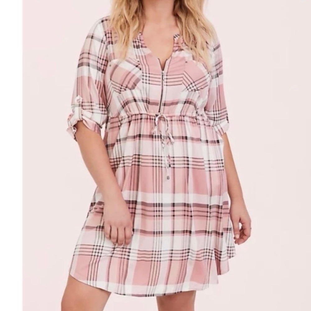 Torrid Pink Plaid Challis Zip Front Tab Sleeve Shirt Dress Size 1X Pockets